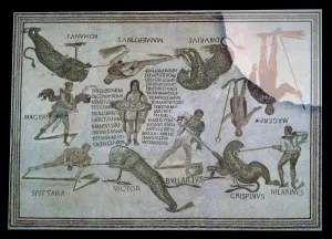 Troop Gallery: Roman mosaic of performers killing a leopard at a spectacle, 3rd century