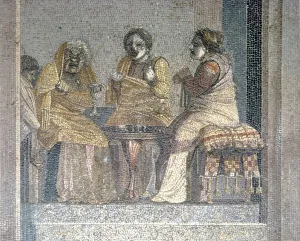 Roman mosaic of Scene from play with masked actors, Villa of Cicero, Pompeii, c2nd century BC. Artist: Dioscurides of Samos