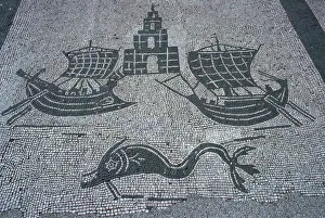 Roman mosaic of two ships, a light house, and a dolphin, 2nd century