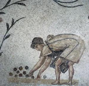 Detail of a Roman mosaic showing fruit-gathering, 2nd century Detail of a Roman mosaic showing fruit-gathering, 2nd century