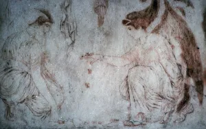 Roman painting on marble of ladies playing knucklebones