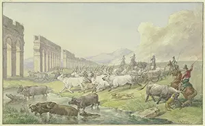 Oxen Prints: Roman peasants drive a herd of oxen and buffalo through the Water