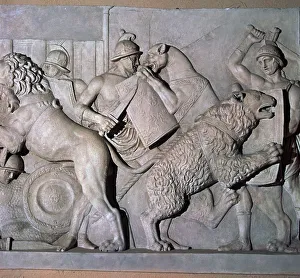 Roman relief of gladiators fighting wild beasts., 1st century Roman relief of gladiators fighting wild beasts., 1st century