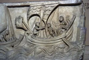 Roman relief, Merchant Ship with Lighthouse on right