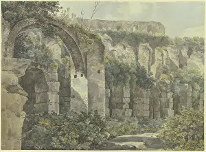 Overgrown Prints: Roman ruins with a large arch and high walls