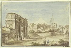 Roman scene with a triumphal arch (Arch of Constantine), 18th century. Creator: Giovanni Paolo Pannini?
