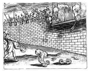 Roman soldiers delivering Greek fire by means of arrows and slings, 1605