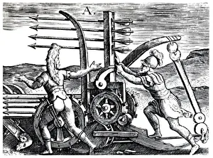 Justus Prints: Roman soldiers using a war engine firing multiple arrows, 1605