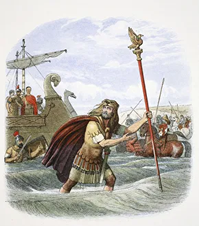 Wading Prints: The Roman standard bearer of the 10th legion landing in Britain, 55BC (1864). Artist