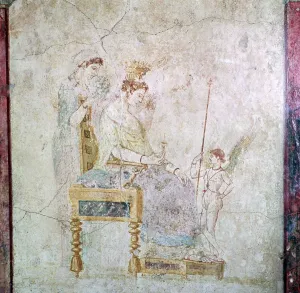 Aphrodite Prints: Roman wall-painting of Aphrodite, Eros, and one of the Graces, 1st century