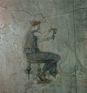 Roman wall-painting of a girl pouring perfume into a small vase, 1st century Roman wall-painting of a girl pouring perfume into a small vase, 1st century