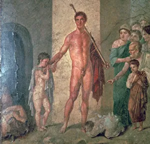 Roman wall-painting of Theseus after killing the Minotaur, 1st century Roman wall-painting of Theseus after killing the Minotaur, 1st century