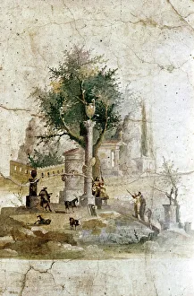 Roman wallpainting of a mythical landscape, Villa of Agrippa Posthumus, near Pompeii, Italy