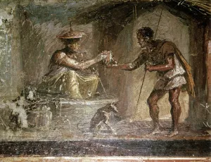 Roman wallpainting of a traveller and a water-seller, Pompeii, Italy