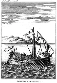 Galley Prints: Roman war galley equipped with a corvus (right), 18th century