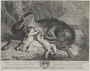 Remus Prints: Romulus and Remus suckling the she-wolf on a riverbank, ca. 1650-75. Creator: Anon