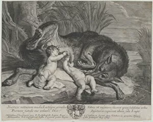Wolf Gallery: Romulus and Remus suckling the she-wolf on a riverbank, ca. 1650-75. Creator: Anon