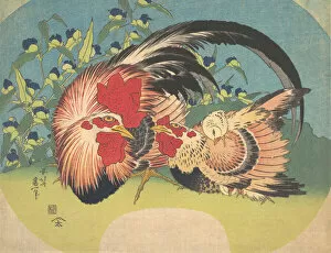 Chickens Gallery: Rooster, Hen and Chicken with Spiderwort, ca. 1830-33. Creator: Hokusai