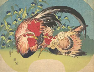 Chick Prints: Rooster, Hen and Chicken with Spiderwort, ca. 1830-33. Creator: Hokusai