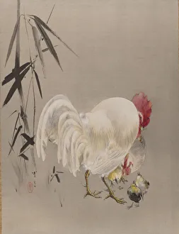 Chick Prints: Rooster and Hen with Chicks, ca. 1887. Creator: Watanabe Seitei