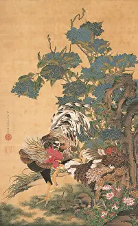 Kakejiku Prints: Rooster, Hen and Hydrangeas, c1755. Creator: Jakuchu, Ito (1716-1800)