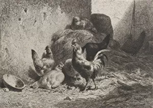 Chicken Coop Collection: Rooster and Hens, 1864. Creator: Charles Emile Jacque