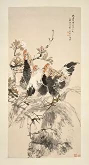 Roosters and Blossoming Apricots, Qing dynasty (1644-1911). Creator: Ren Yi