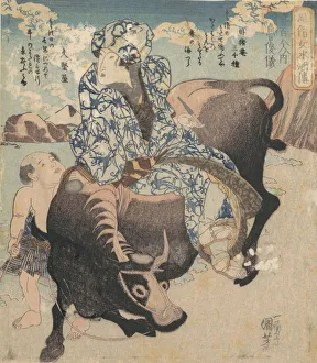 Buffalo Prints: Roshungi (Chinese, Lu Zhunyi) as a Woman with a Pipe Riding on a Buffalo