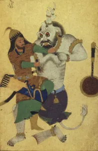 Ferdowsi Prints: Rostam recovers the key to the stronghold of the White Demon (Manuscript illumination