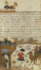 Ferdowsi Prints: Rostam before the Sepids Castle (Manuscript illumination from the epic Shahname by Ferdowsi)
