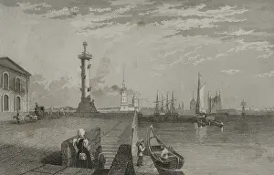 Rostral Column next to the River Neva, Saint Petersburg, Russia, 1839. Creator: Samuel Cholet