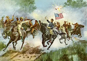 Halstead Prints: Rough Riders stampeding a Spanish outpost, Cuba, Spanish-American War, 1898