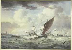 Marine Prints: Rough sea with many ships, a large ship is loading a cannon