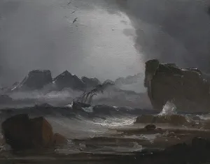 Risky Business Prints: Rough Sea with a Steamer near the Coast of Norway, 1847-1850. Creator: Peder Balke