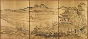 Byobu Gallery: Roukaku Sansui Zu (Landscape with tower) Right of a pair of six-section folding screens, c. 1750