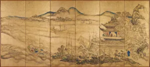 Folding Screens Prints: Roukaku Sansui Zu (Landscape with tower) Right of a pair of six-section folding screens