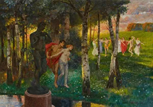 Circle Dance Prints: The Round Dance. Park landscape in spring with dancers