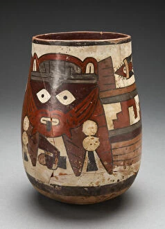 Fierce Gallery: Rounded Beaker Depicting Masked Figure Holding Decapitated Head, 180 B.C. / A.D. 500