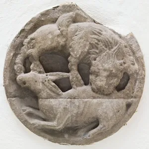 Attack Prints: Roundel with a Feline Animal Attacking a Rabbit