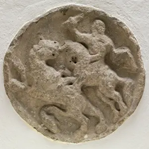 Roundel Prints: Roundel with Horsemen in Combat with a Feline Animal