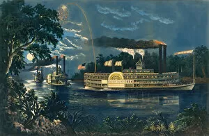 Steamboats Gallery: Rounding a Bend on the Mississippi - The Parting Salute, 1866