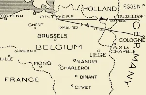 Strategy Prints: The Route of the Airmen Who Raided Dusseldorf and Cologne, 1915. Creator: Unknown