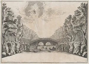 Kusel Mathaus Prints: A row boat leading a ship to shore while a large group of figures looks on from the coast