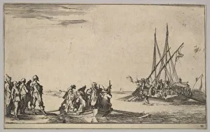 A rowboat full of men in center, a group of men standing on shore at left A rowboat full of men in center, a group of men standing on shore at left