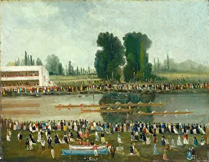 Images Dated 29th March 2021: Rowing Scene: Crowds Watching from the River Banks, late 19th century. Creator: E. Levy
