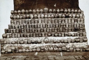 Assorted Prints: Rows of decorated pharmacy jars and other objects, c19th century. Creator: Unknown