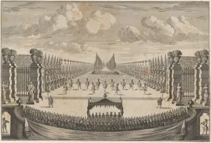 The royal family sitting under a canopy, watching dancers perform the final ballet of... ca. 1700. Creator: Johann Ulrich Kraus