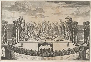 The royal family sitting under a canopy, watching dancers perform the opening ballet o... ca. 1700. Creator: Johann Ulrich Kraus