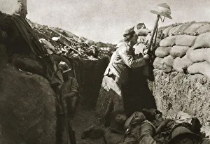 Gallipoli Peninsula Collection: A Royal Irish Fusilier teases a Turkish sniper, Gallipoli, Turkey, World War I, c1915-c1916