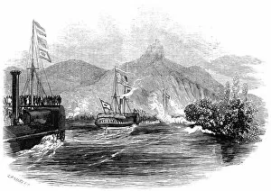 The Royal Yacht passing the Drachenfels, 1845. Creator: Ebenezer Landells